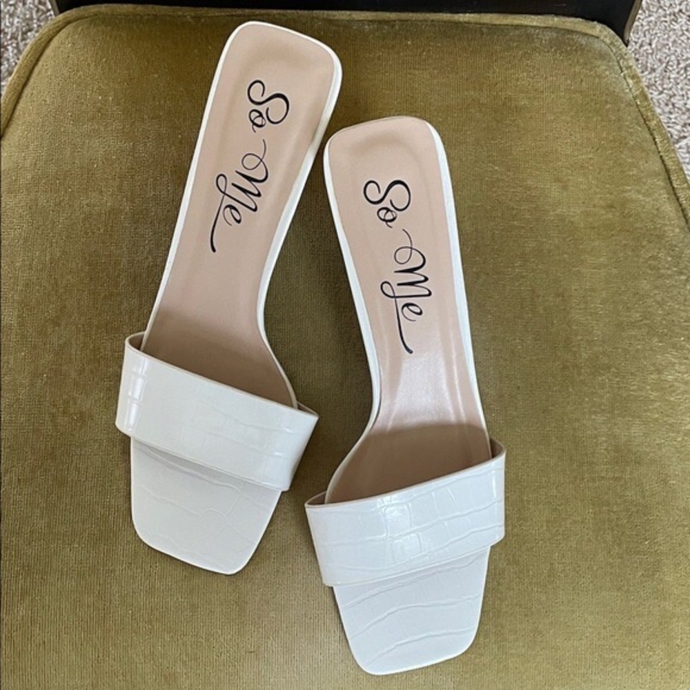 So Me White Croc-Embossed Slide Sandals